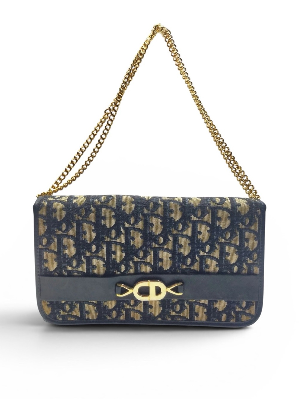 Vintage Christian Dior Oblique Monogram Navy Canvas Chain Clutch Flap Bag - Picture 3 of 8